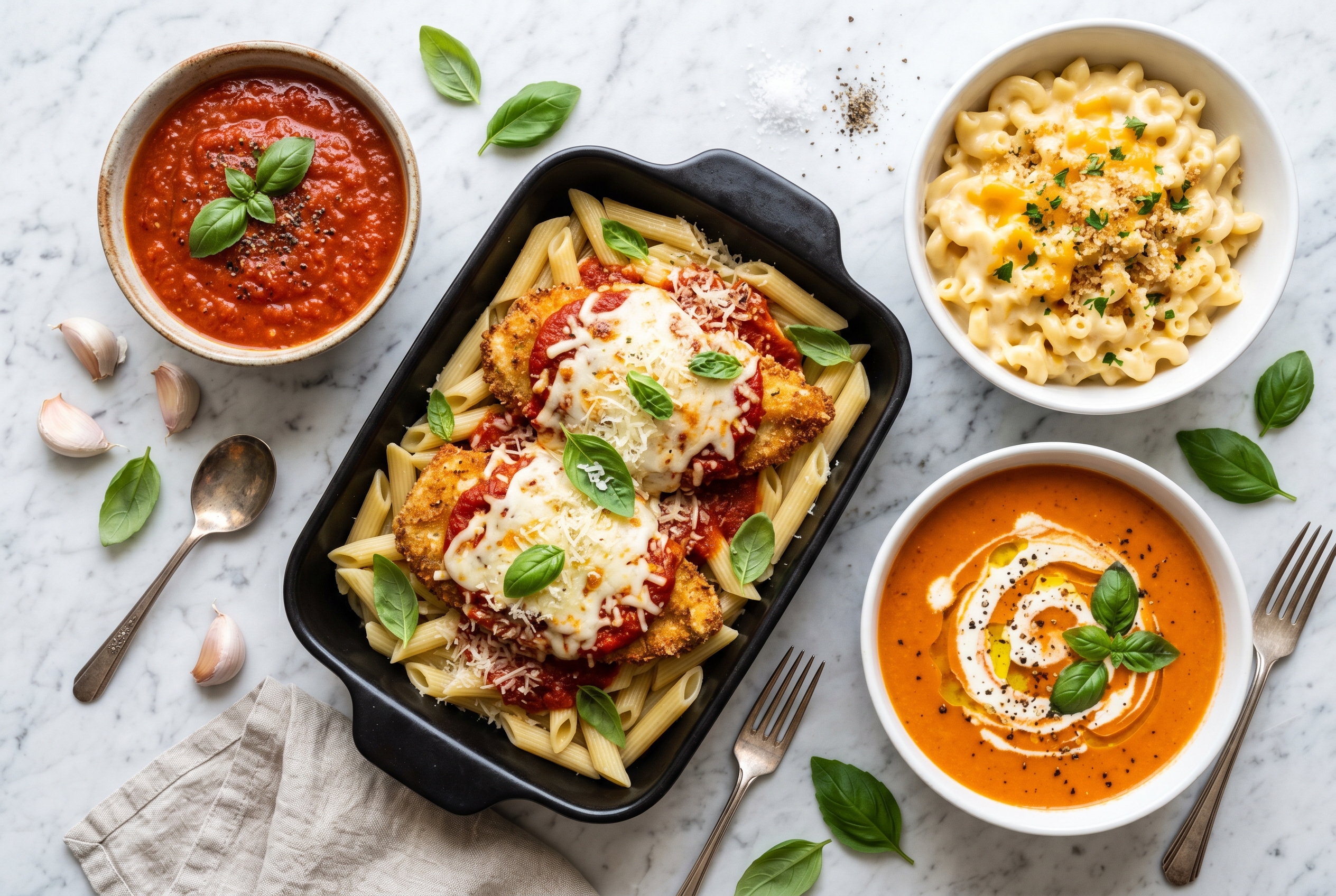 Overhead spread of marinara, mac &amp; cheese, tomato soup and chicken parmesan tray
